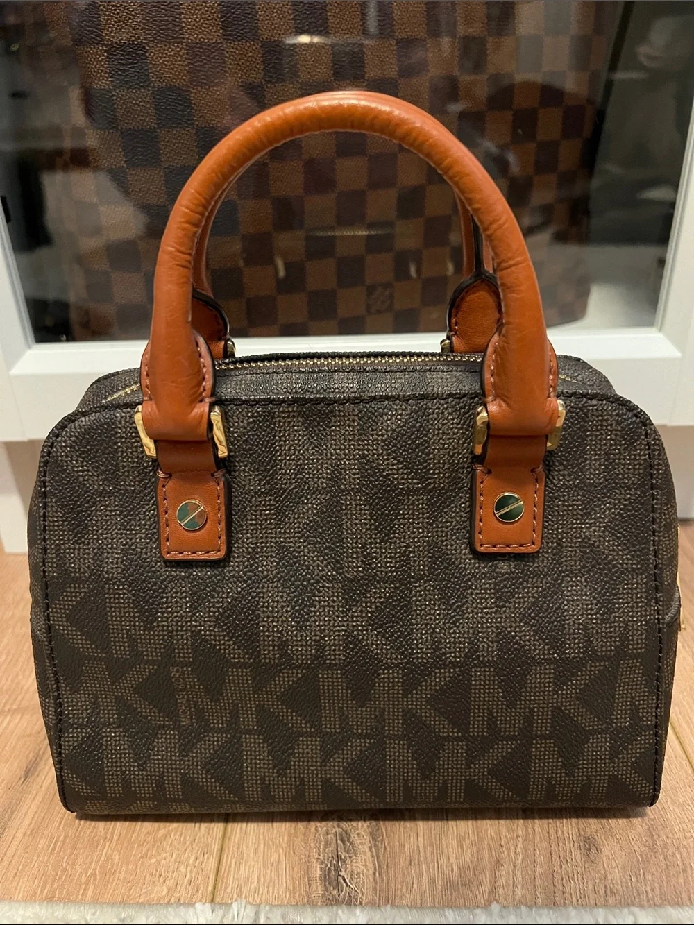 Michael Kors Brown and Tan MK Logo Dome Satchel with Wallet